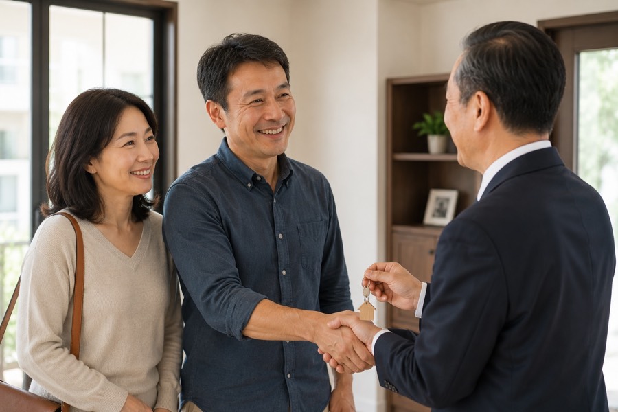 Asian real estate agent shaking hands with clients
